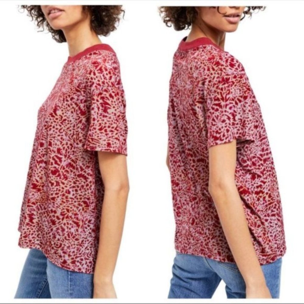 We the Free Velvet Teddy Burnout T-Shirt Sheer Patterned Short Sleeve Red Sz M